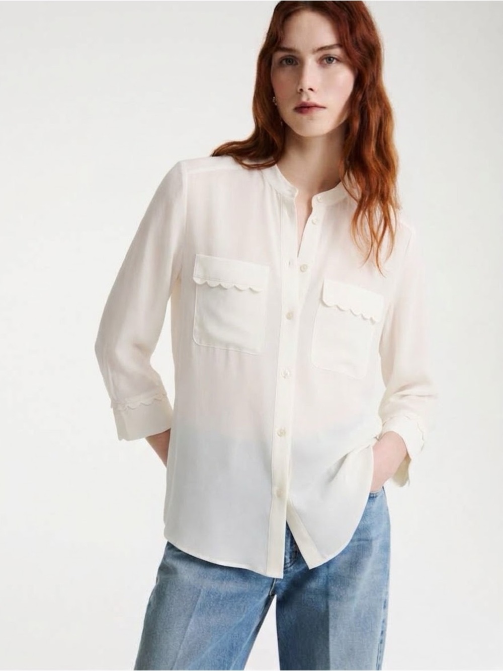 NWT $398 Frame Scallop Trim Silk Button-Up Shirt